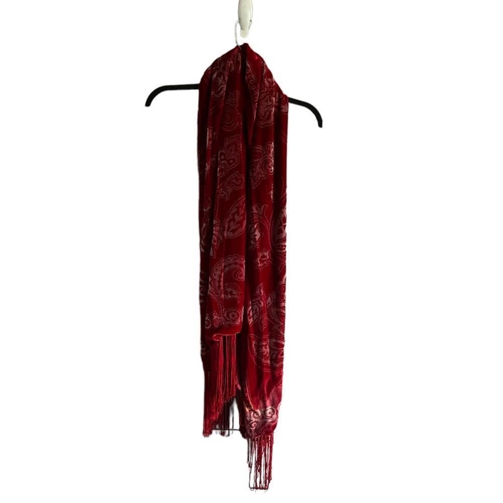 Red Velvet Floral Print Tassels Shall Scarf